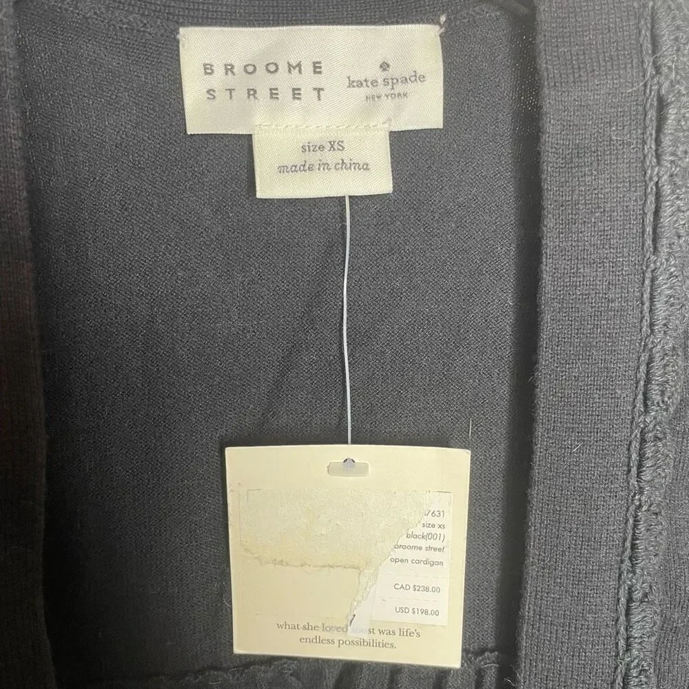 NWT‎ Kate Spade Broome Street Open Cardigan Black Xsmall Xs New 3/4 Sleeve